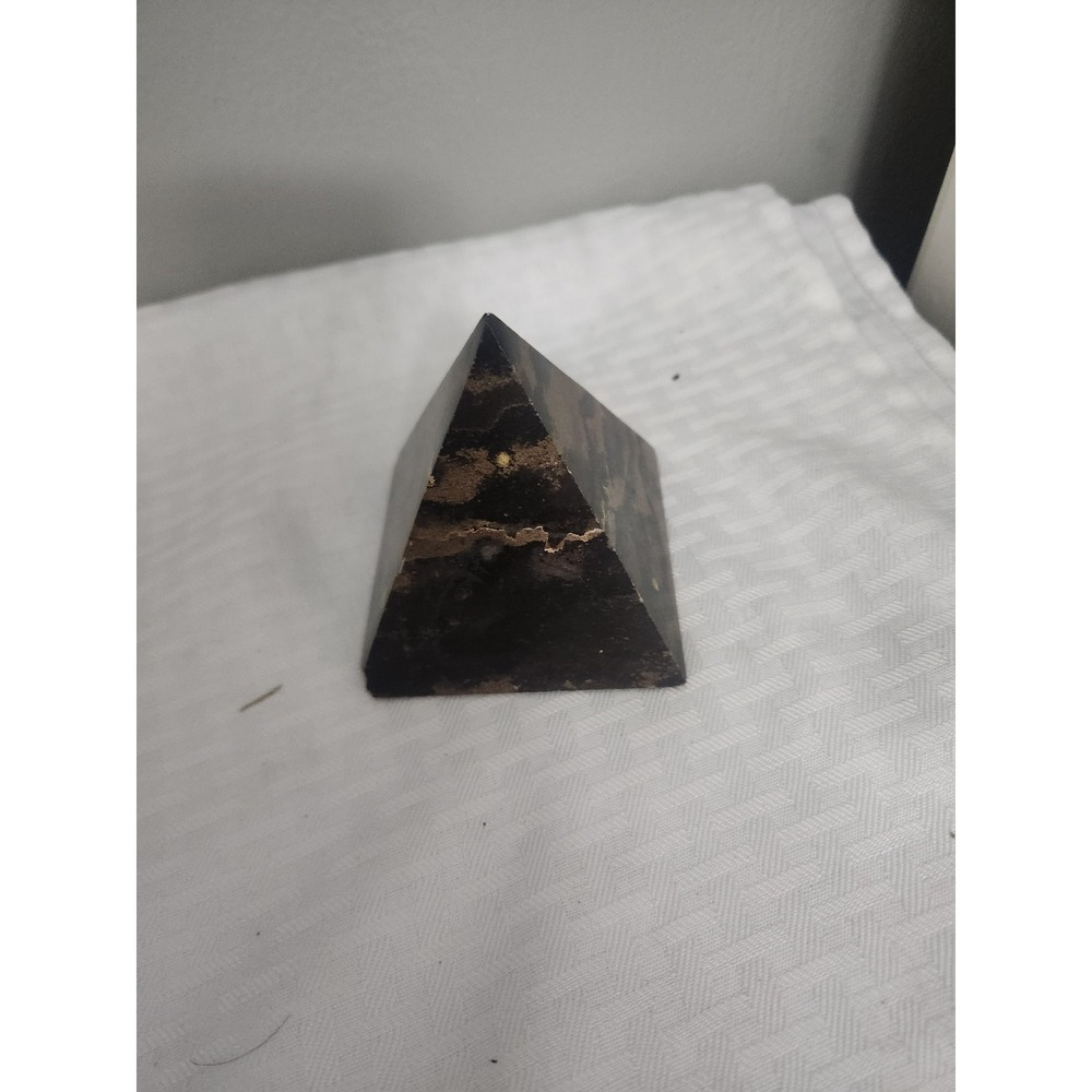 Black and Brown Marbled Stone Pyramid Paperweight Polished Desk Decor - Picture 4 of 4